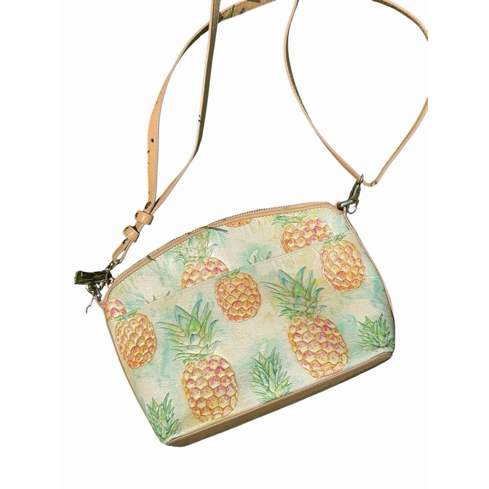 Brahmin Pompano Pineapple Leather Shoulder Bag Tropical Bag Purse Crossbody Tan